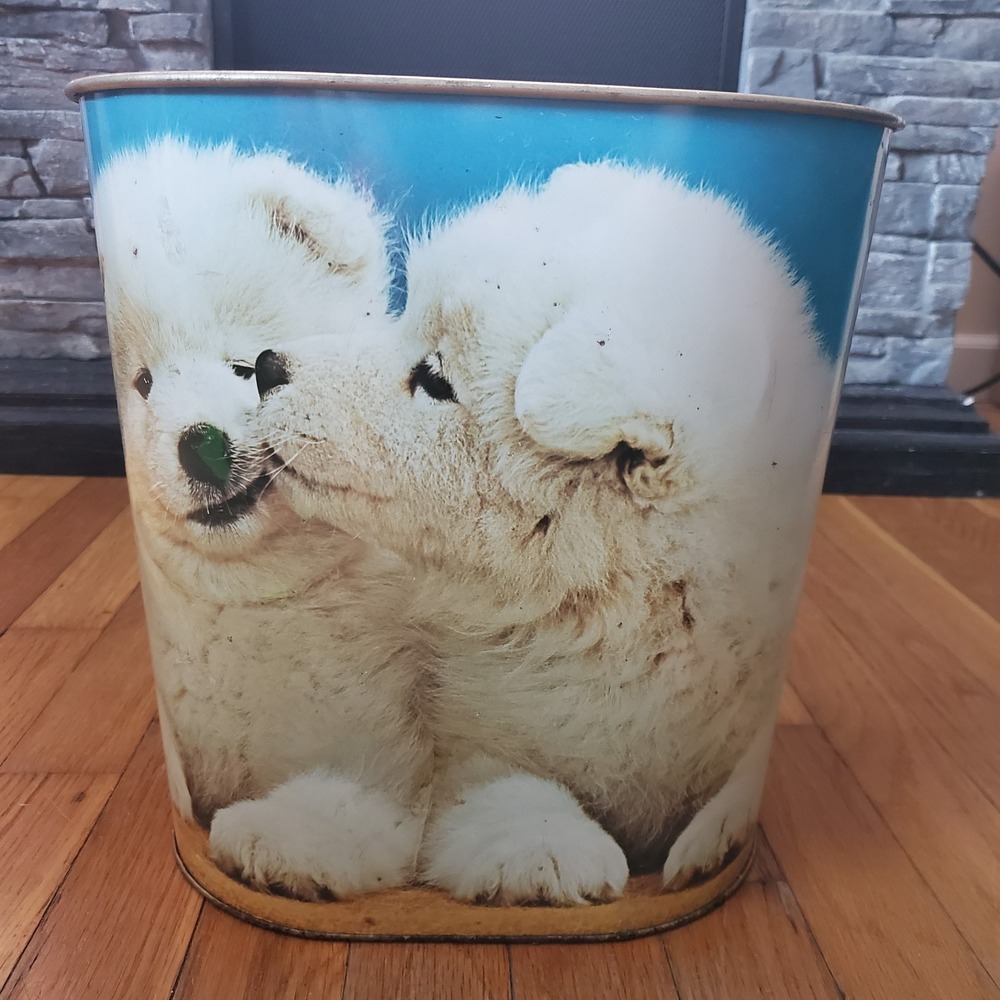 Vintage metal open waste basket trash can bin dogs samoyed ballonoff home